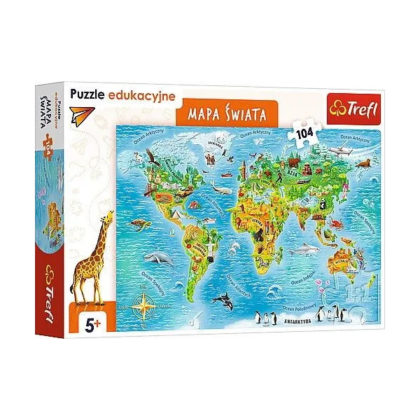 Puzzle 104 elementów Edukacyjne Mapa świata dla dzieci