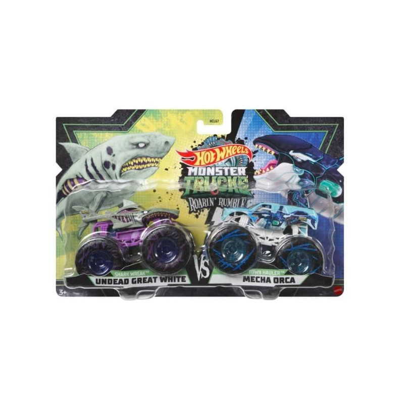 Zestaw pojazdów Monster Trucks 2-pak Shark Wreak Undead Great White kontra Town Hauler Mecha Orka