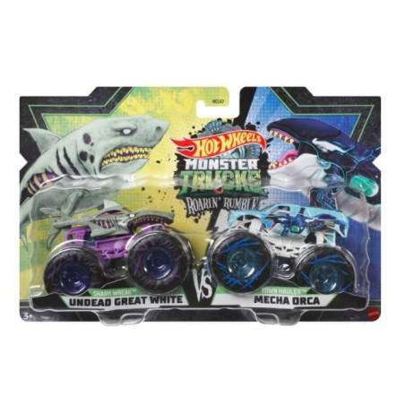 Zestaw pojazdów Monster Trucks 2-pak Shark Wreak Undead Great White kontra Town Hauler Mecha Orka