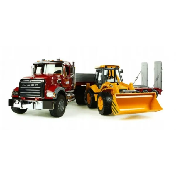 Pojazd MACK z naczepą i koparko-ładowarka JCB