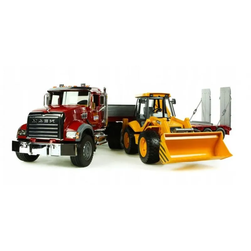 Pojazd MACK z naczepą i koparko-ładowarka JCB