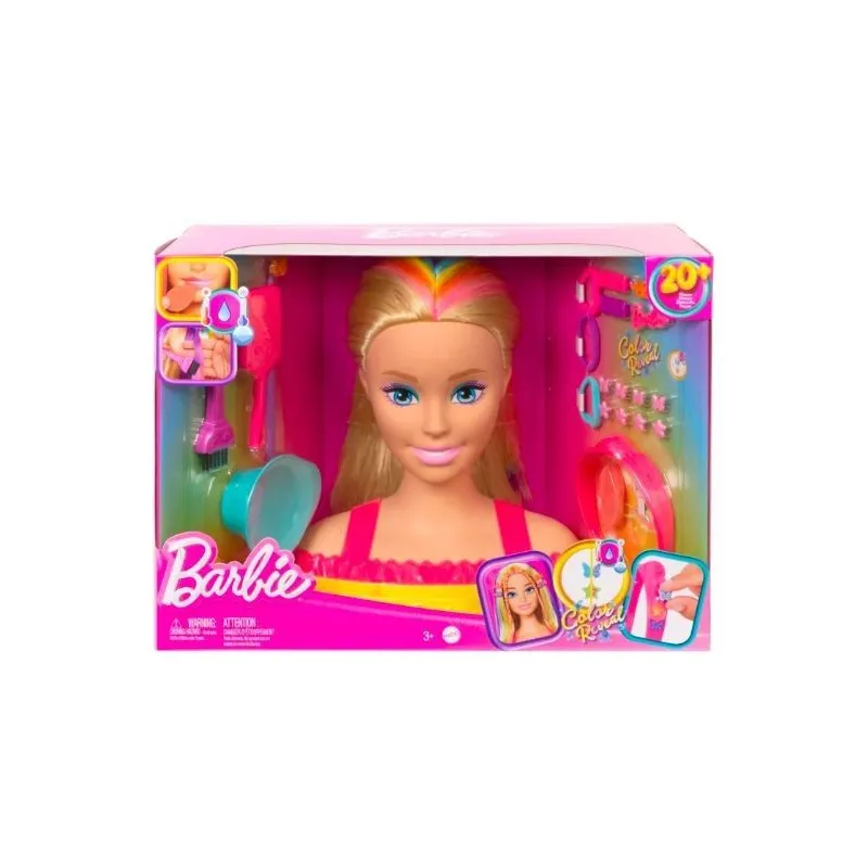 Barbie Głowa do stylizacji neonowa tęcza blond włosy