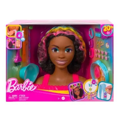 Barbie Głowa do stylizacji Neonowa tęcza kręcone włosy