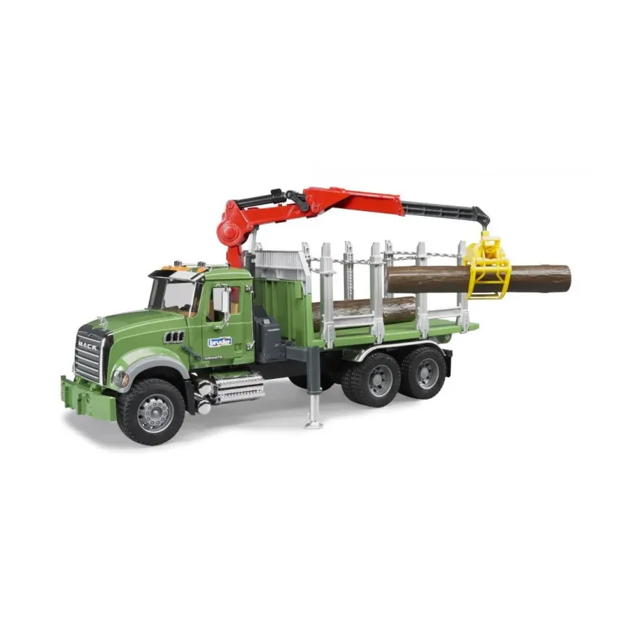 Ciężarówka MACK Granite z dźwigiem przyczepą i pniami