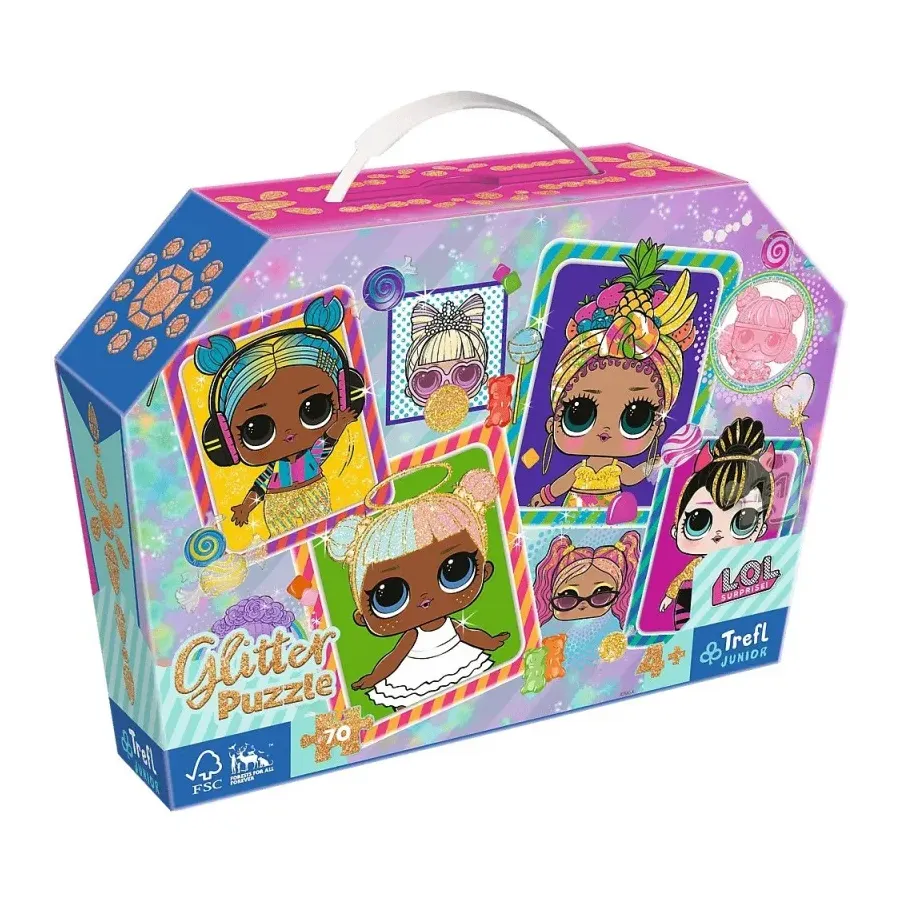 Puzzle 70 elementów glitter w kuferku Kolorowe laleczki L.O.L